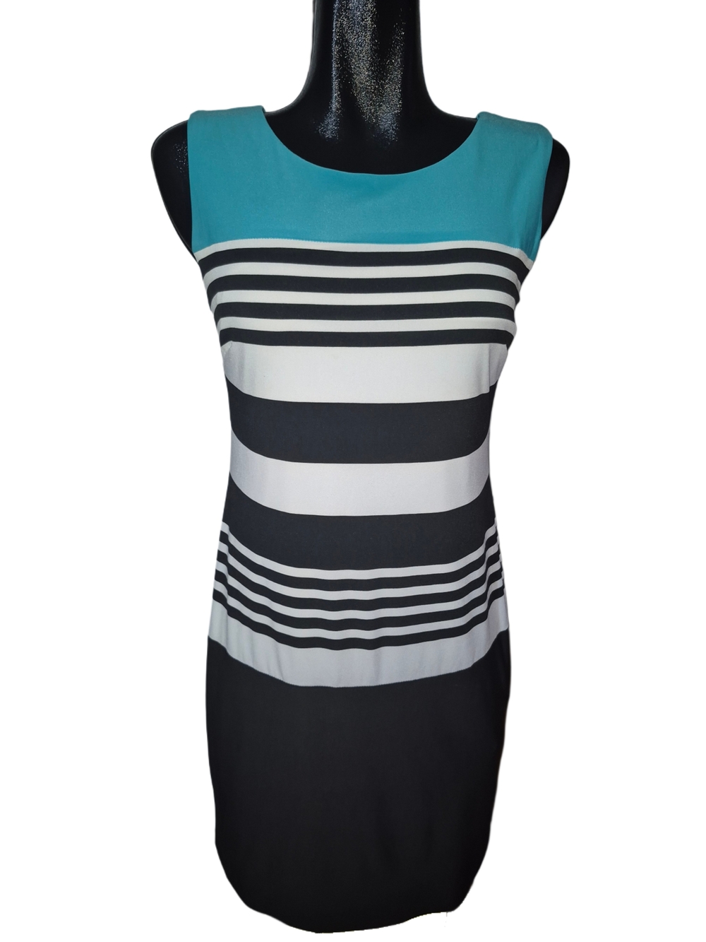 Ronni Nicole Sleeveless Teal, Black And White Colorblock Striped Sheath Dress 6